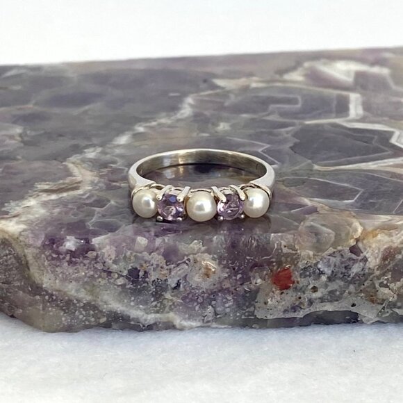 Sterling Silver 925 Multi Gemstone Round Amethyst Genuine Pearl Band Ring Sz 7 - Picture 5 of 16